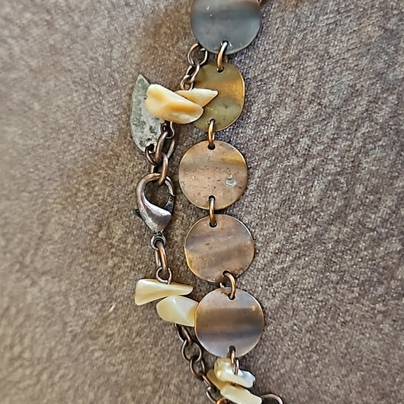 VTG Coldwater Creek Ceramic Shell Bronze Disc Beaded Chain Long Necklace - Picture 6 of 9